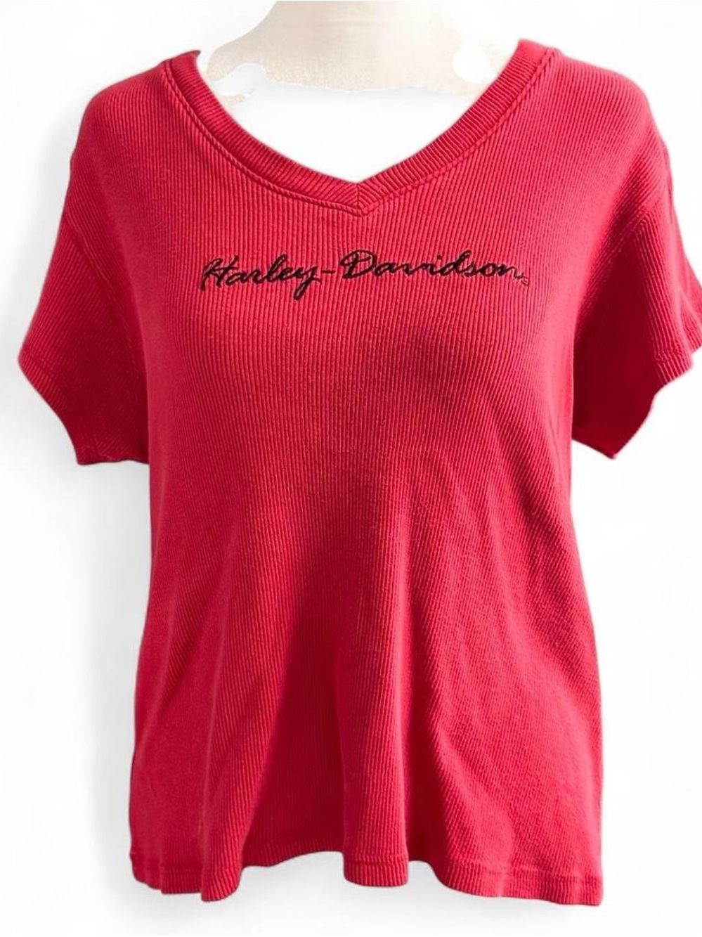Vintage Harley-Davidson Red Ribbed V-Neck T-Shirt Women’s L/XL